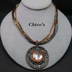 Chico's Seed Bead Rhinestone Pendant Enamel Necklace, Snake Chain, 20 Inches